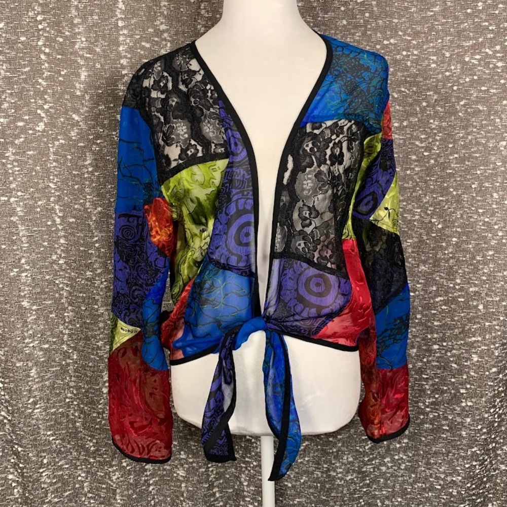 Chico's Patchwork Tie Front Blouse Sheer Boho Art to Wear Textural Women's 1